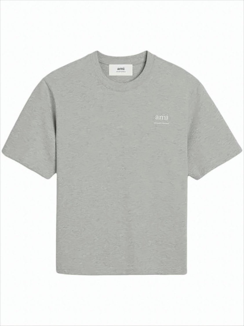 Ami Paris Relaxed Fit Grey Cotton T-Shirt With Subtle Logo