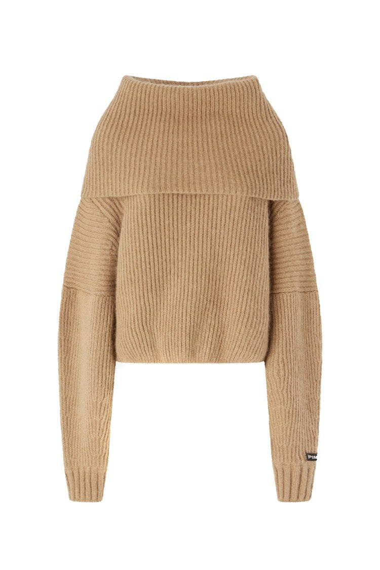 Pinko Off-The-Shoulder Beige Knit Sweater With Oversized Fit