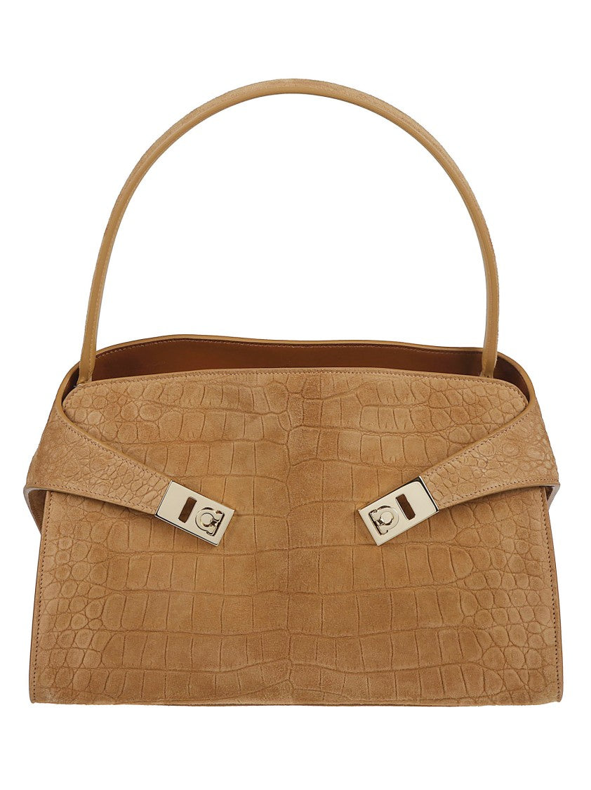 Ferragamo Crocodile-Print Suede Handbag With Gold-Tone Accents