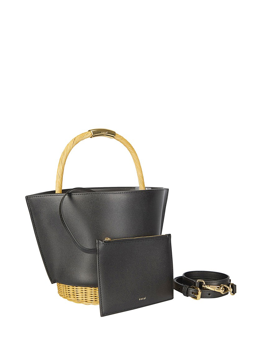 Sacai Medium Basket With Leather Base And Woven Rattan Sides