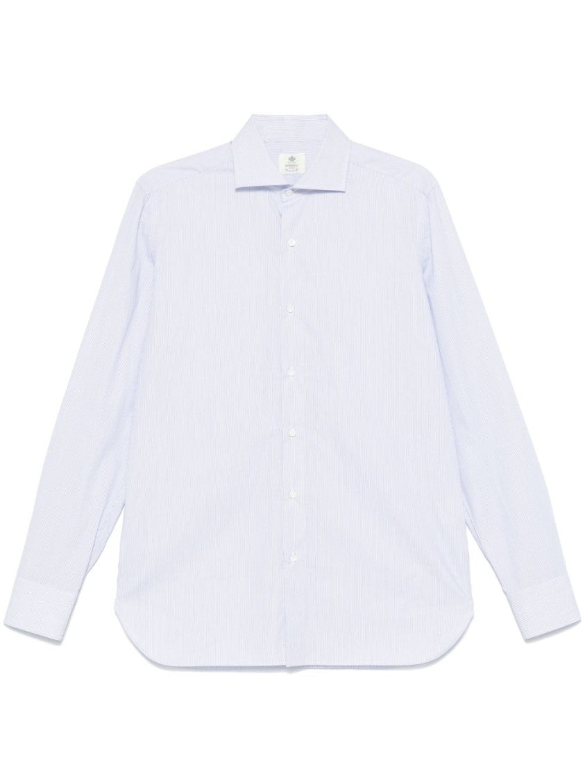Borrelli White Popeline Shirt With Horizontal Stripe Pattern And Cutaway Collar