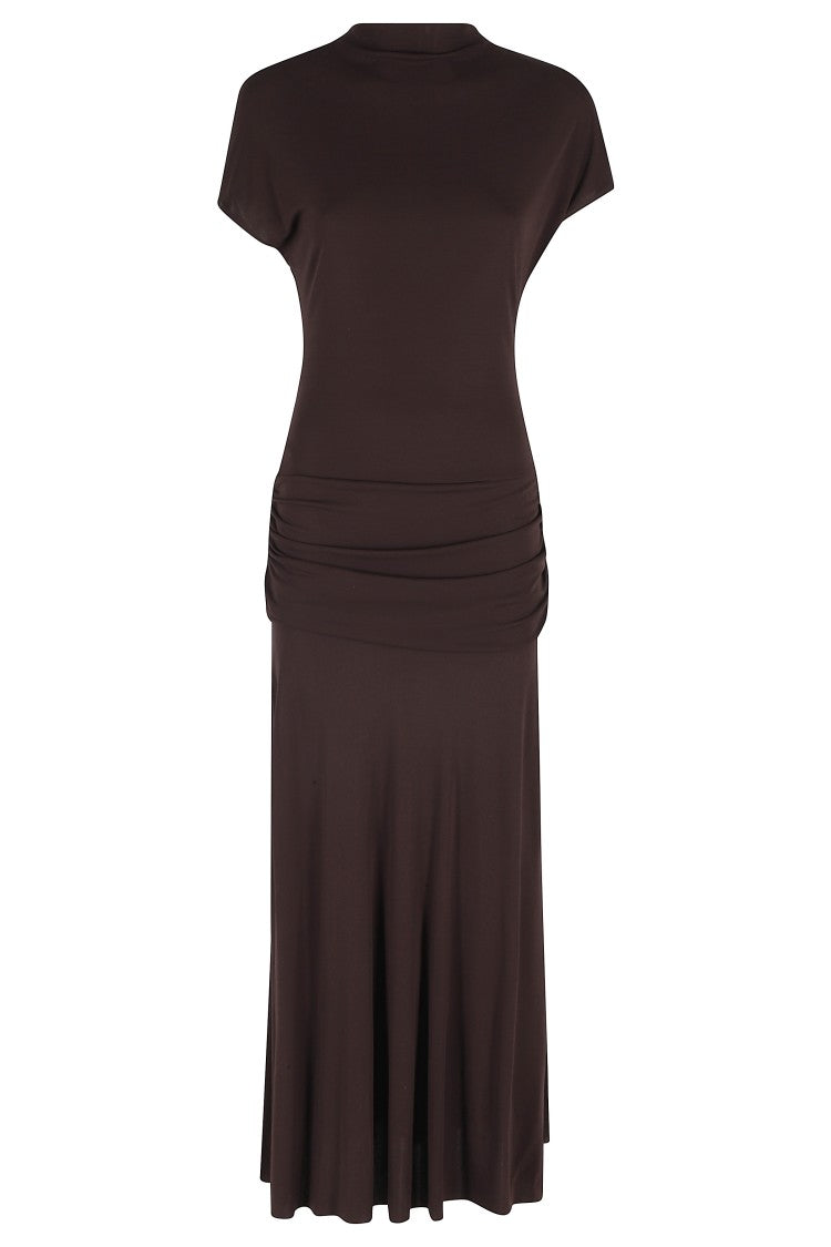 Semi Couture Brown Gwen High-Neck Ruched-Hips Viscose Midi Dress