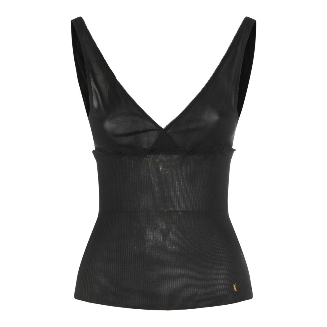 Saint Laurent Black Silk Top With Deep V Neckline And Gold-Tone Logo Patch