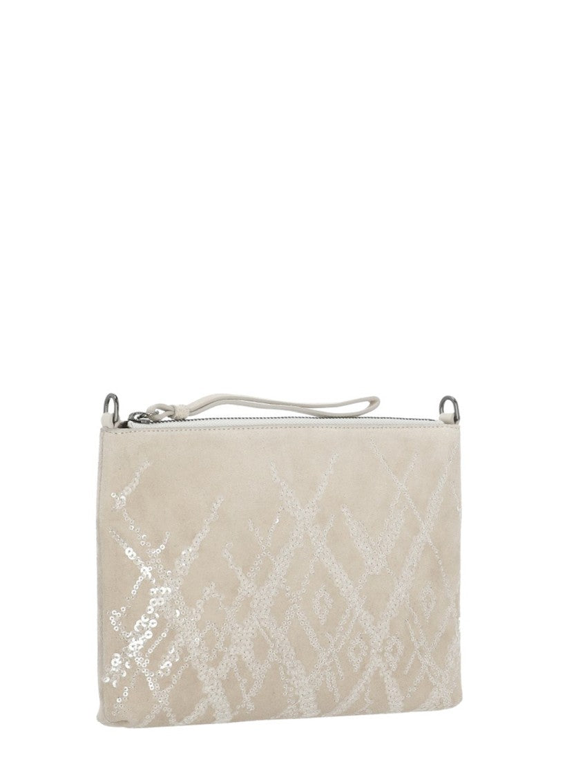 Panicale Rectangular Beige Leather Pochette With Geometric Sequin Design
