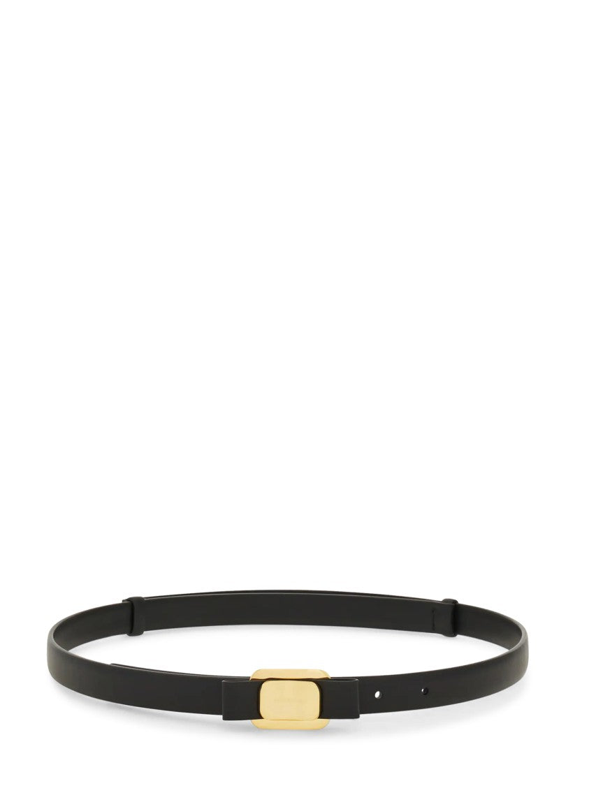 Ferragamo Sleek Black Belt With Polished Gold Buckle