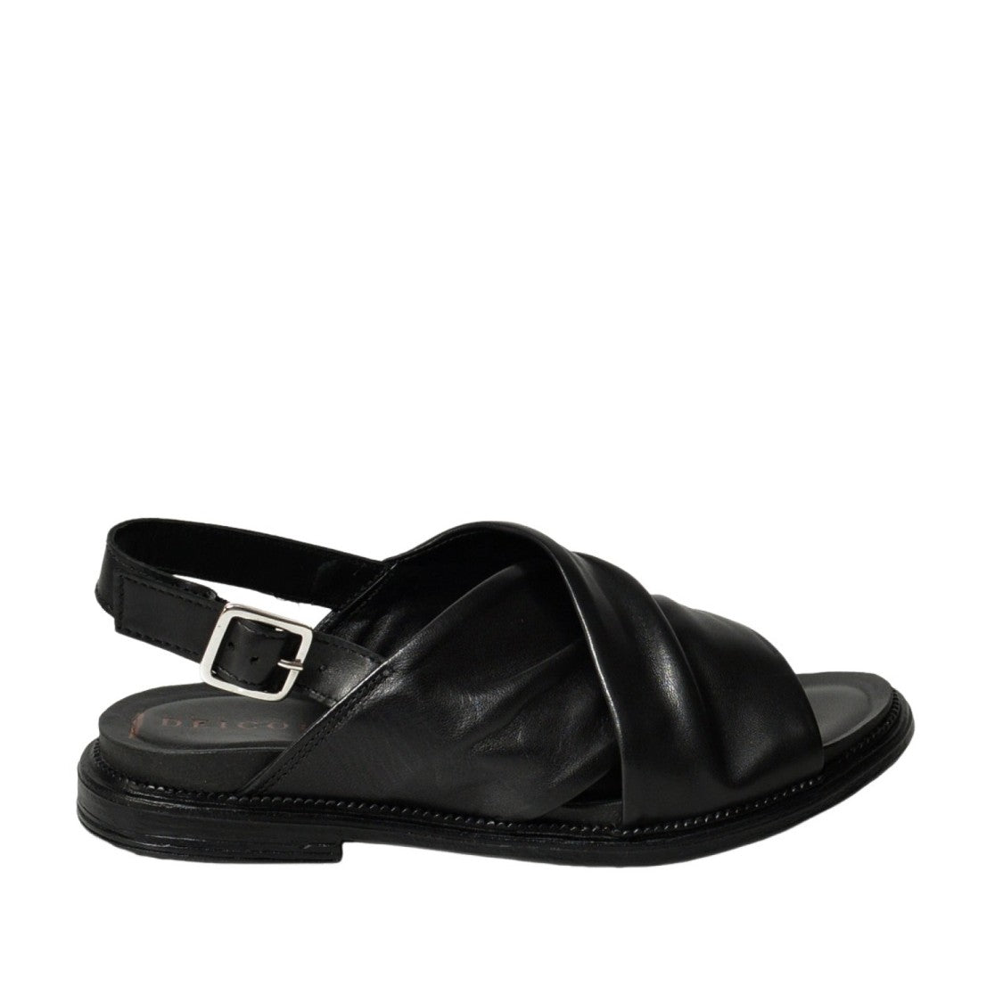 Dei Colli Crossed Strap Black Pleated Leather Sandals