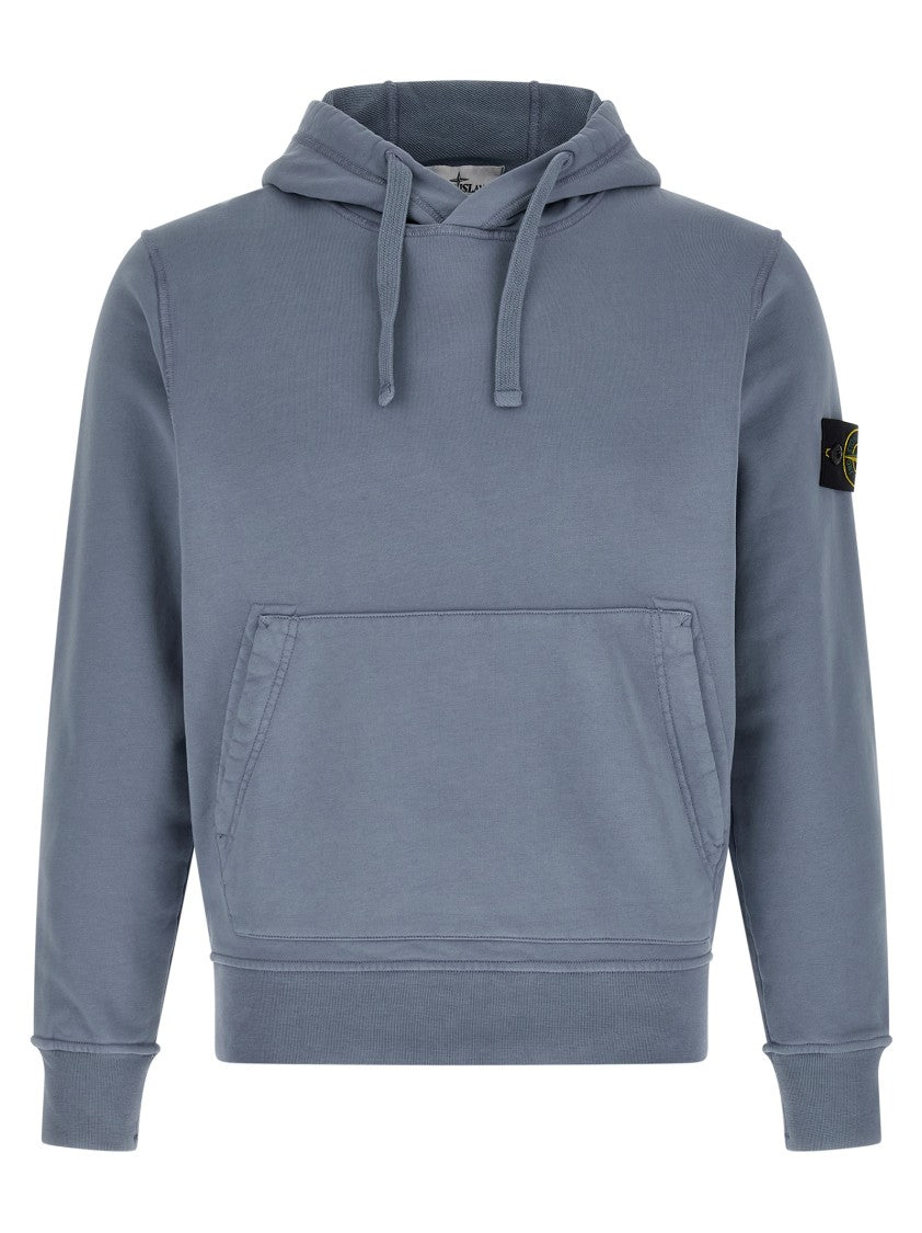 Stone Island Garment-Dyed Blue Hoodie With Logo Badge Appliqué