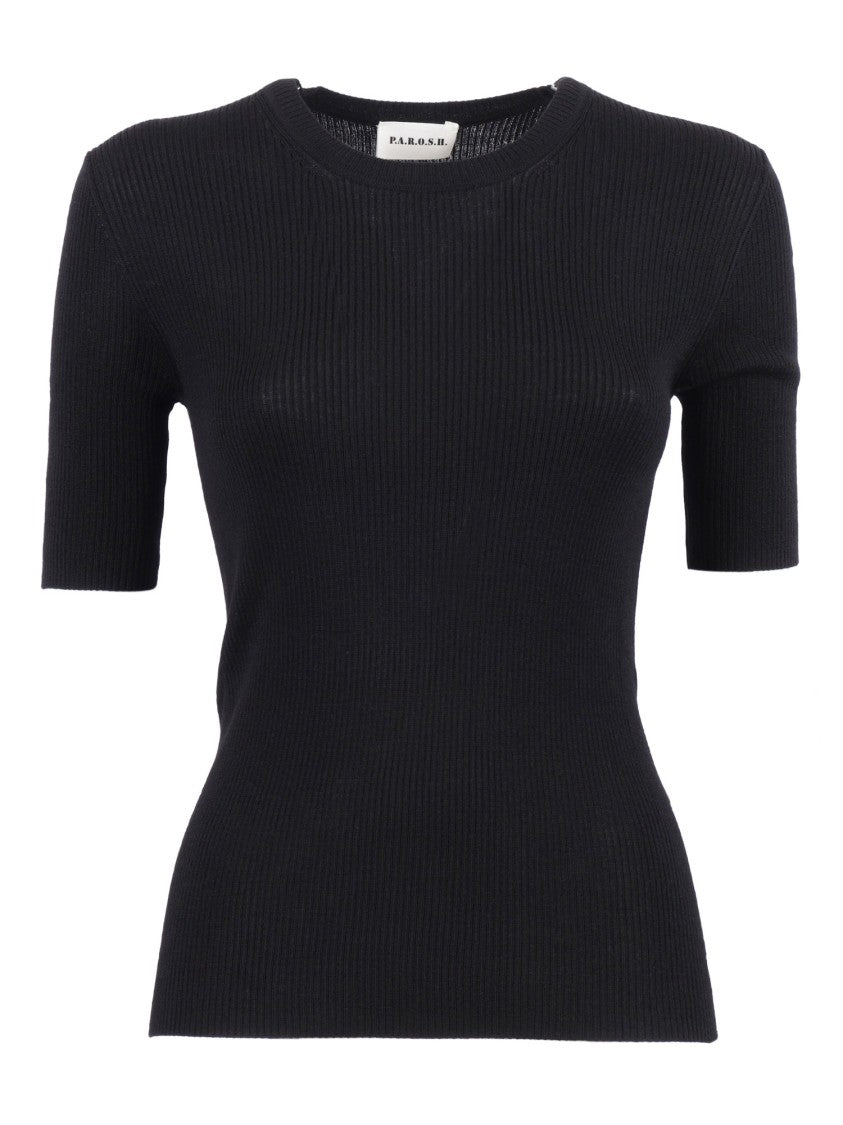 P.A.R.O.S.H. Fitted Black Ribbed Short-Sleeve Top With Round Neckline