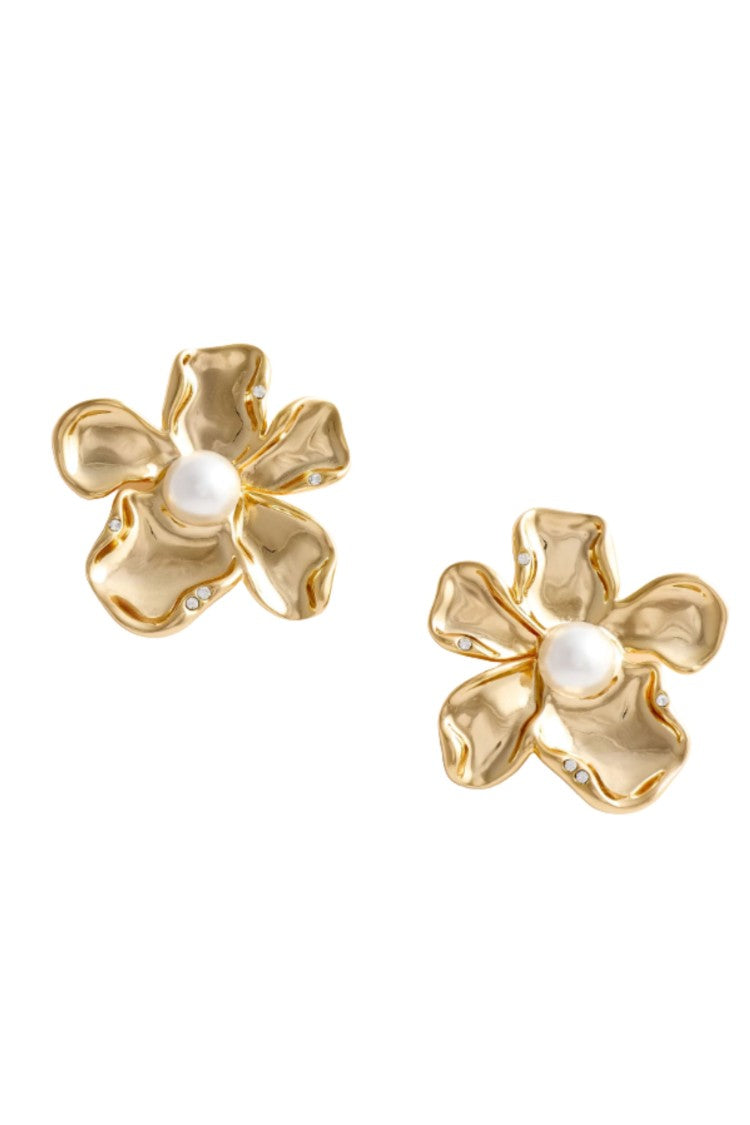 Self-Portrait Gold Pearl Flower Pearl Coated Brass Earrings