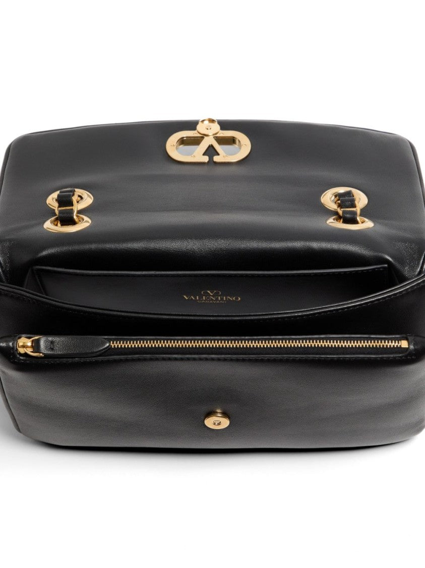 Valentino Garavani Black Structured Leather Gold-Tone Emblem Shoulder Bag