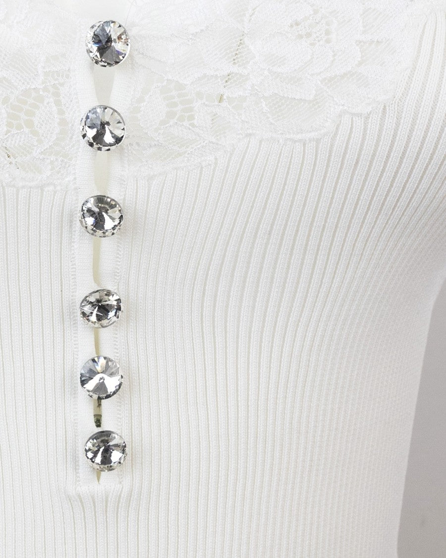 Self-Portrait White Ribbed Top With Lace Trim