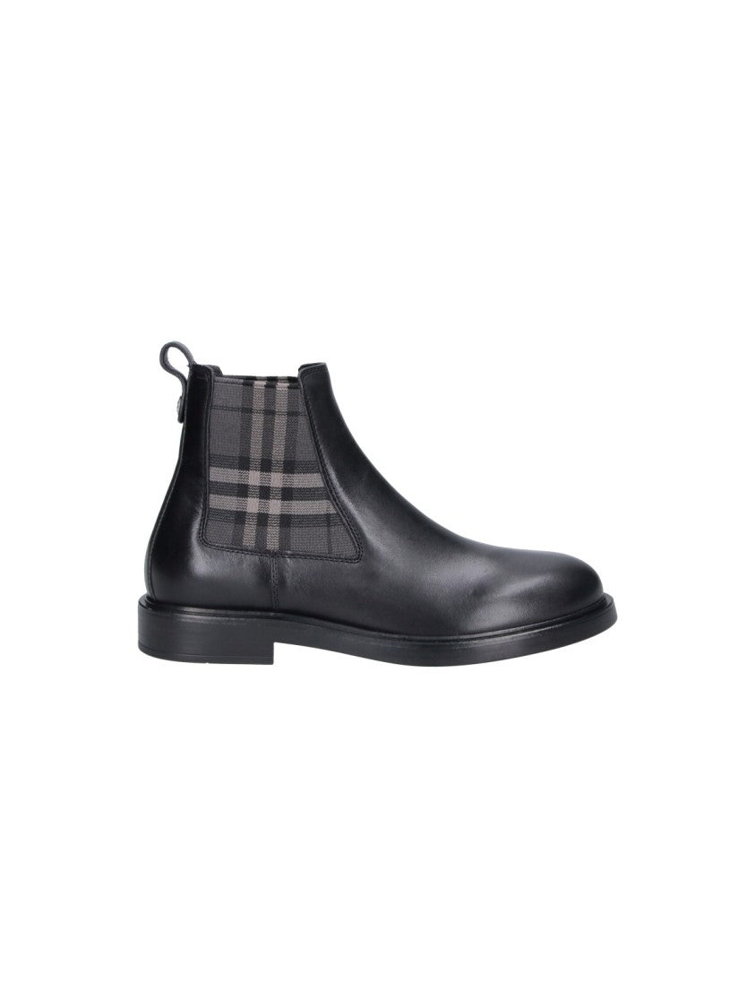 Burberry Black Calf Leather Check Inserts Rounded Toe Ankle Boots