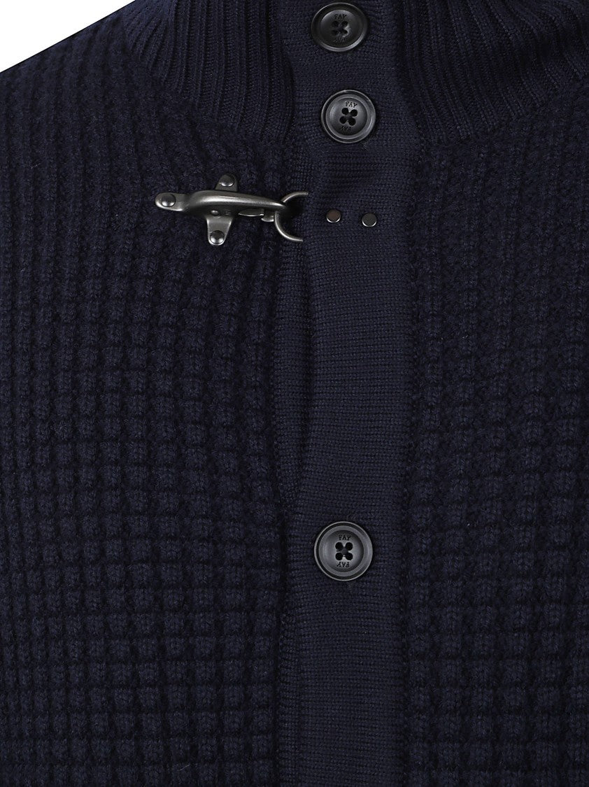 Fay Textured Knit High Collar Sweater With Button-Down Front