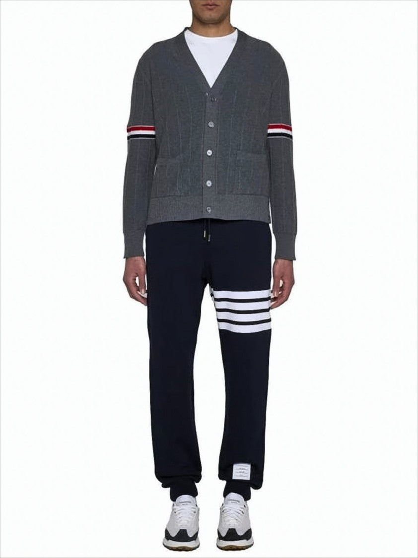 Thom Browne Grey Wool Cardigan With V-Neck And Iconic Striped Accents