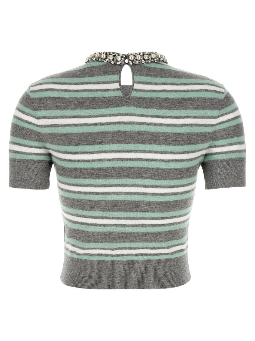 Self-Portrait Grey Striped Crystal Trim Knit' Sweater