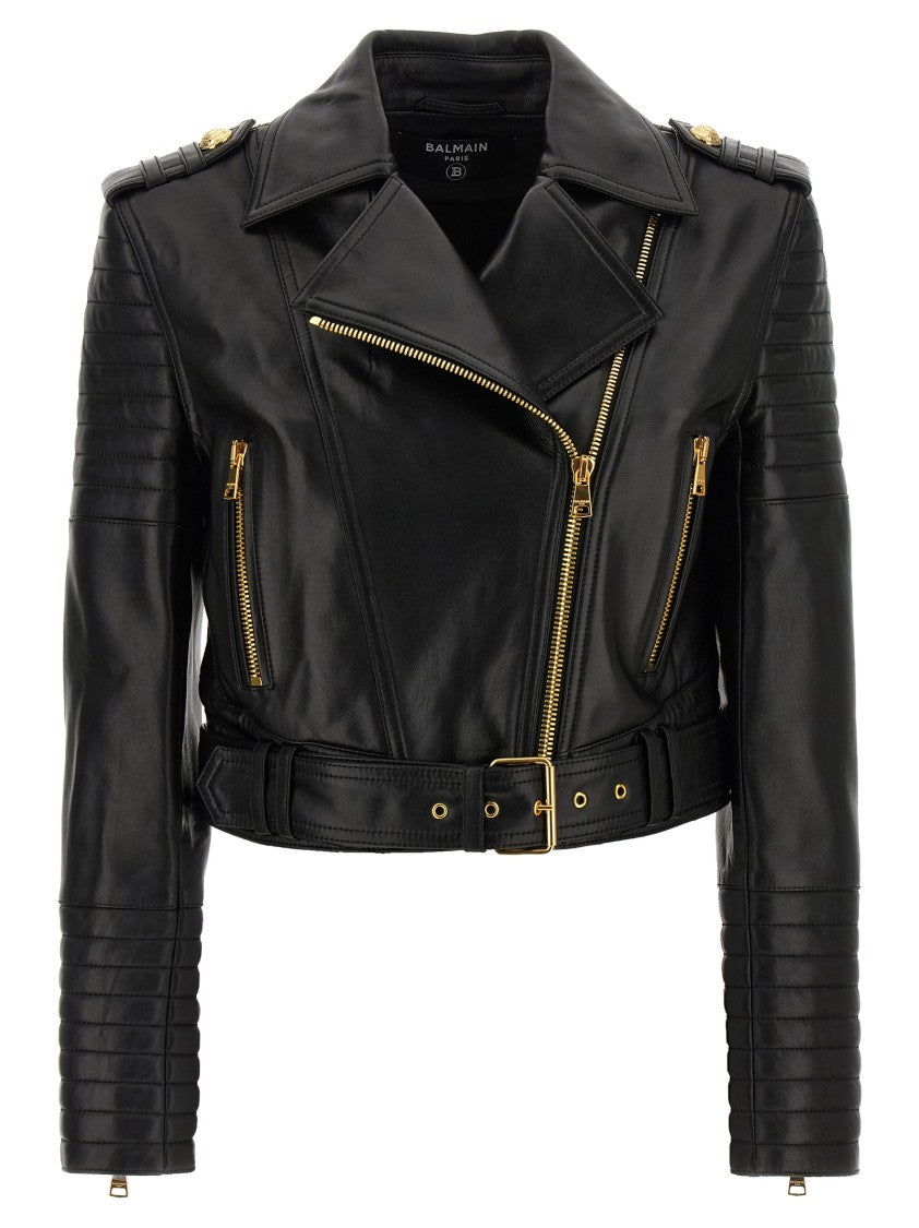 Balmain Biker Crop Leather Jacket With Zip Detail