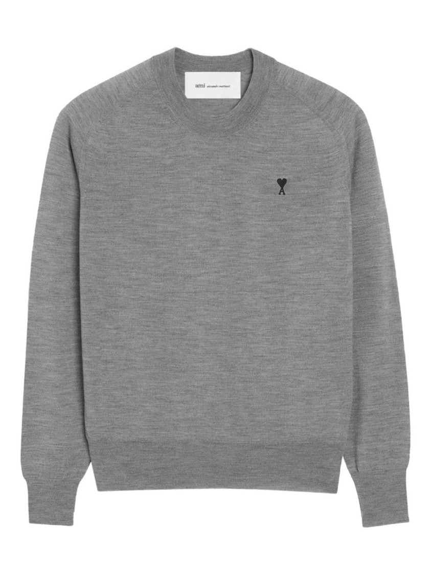 Ami Paris Heather Grey Chest Embroidery Knit Sweater
