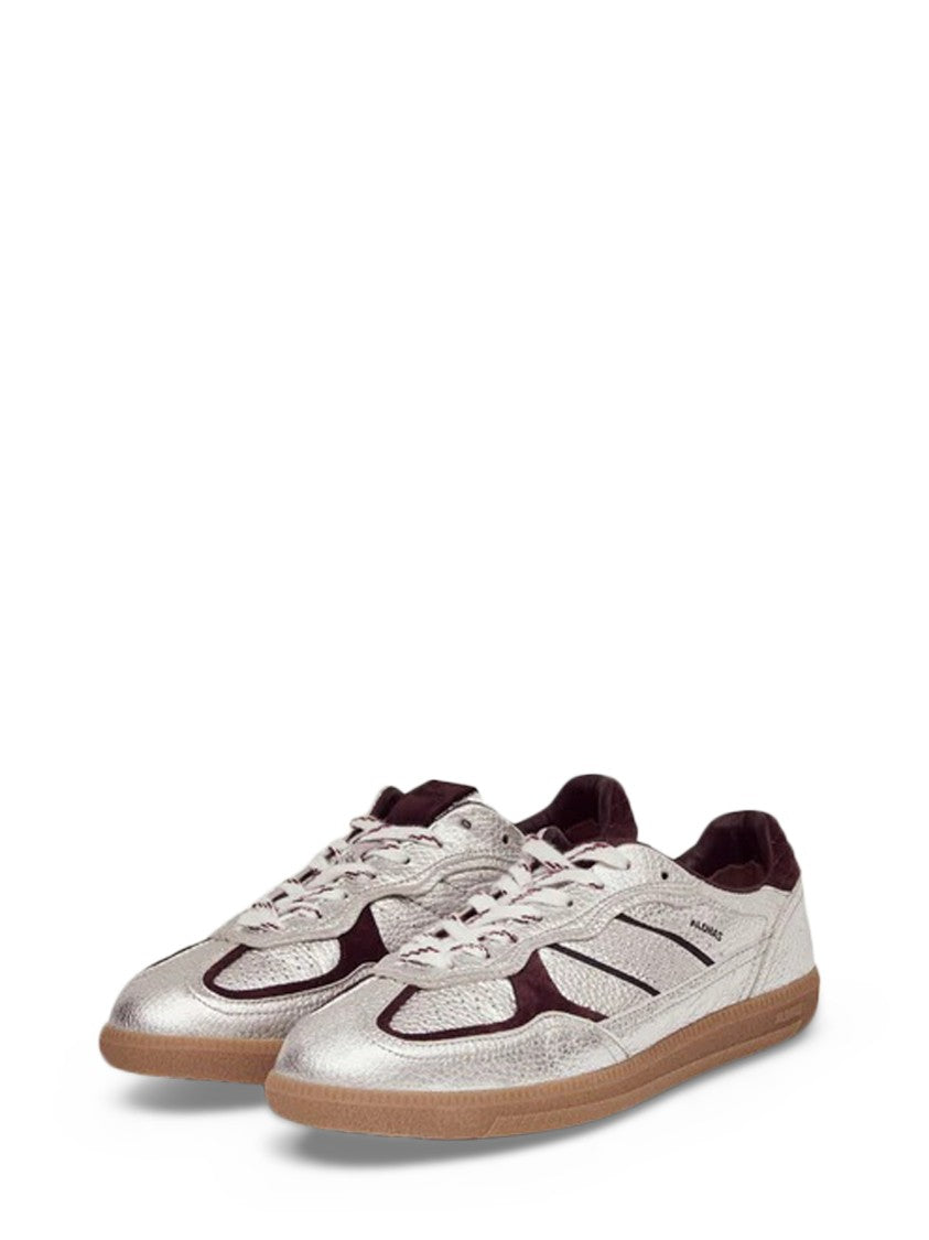 Alohas Metallic Silver Leather Sneakers With Burgundy Accents