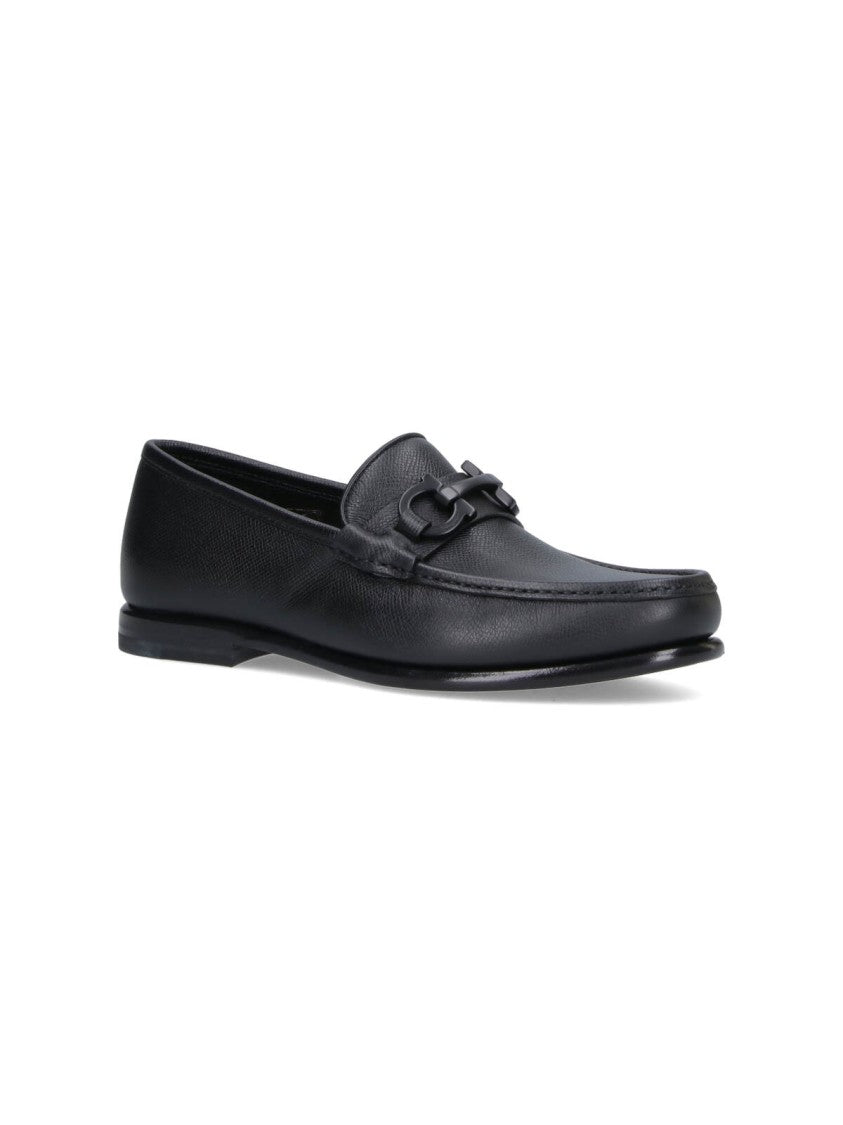 Ferragamo Black Leather Loafers With Tone-On-Tone Logo Buckle