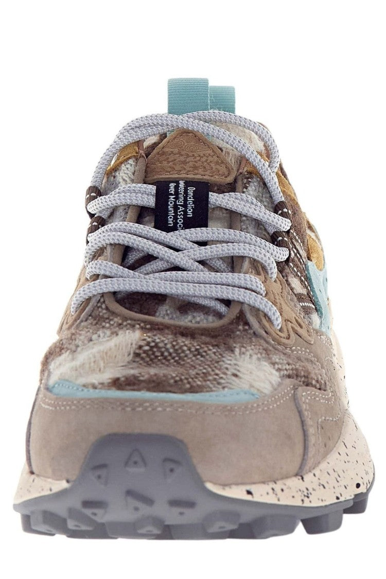 Flower Mountain Checkered Beige Sneakers With Suede Accents