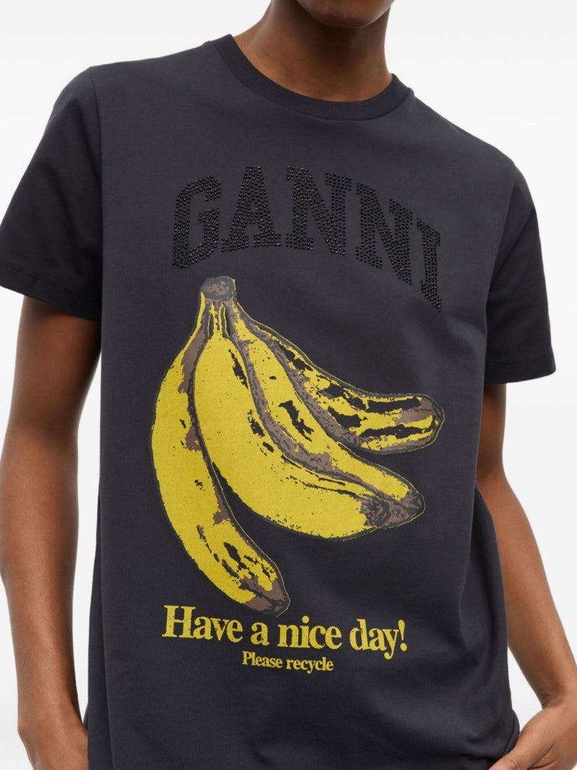 Ganni Black Cotton T-Shirt With Banana Graphic Print