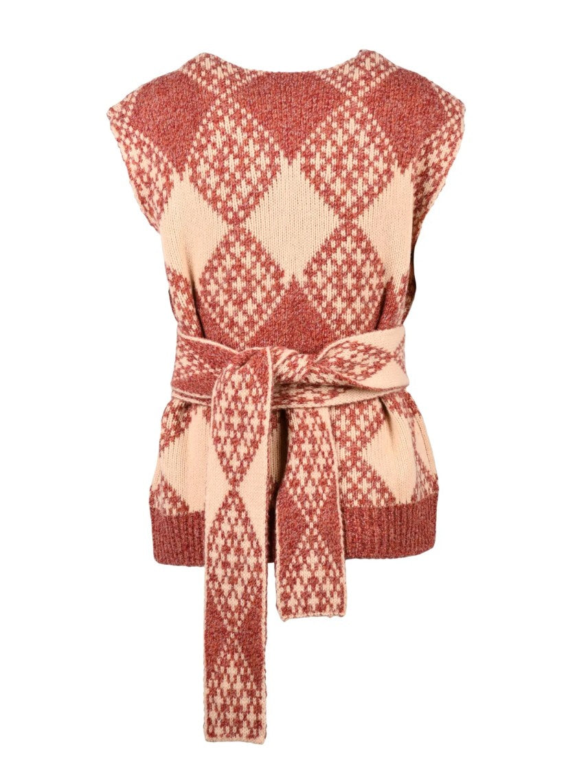 Ballantyne Oversized Knitted Gilet With Belt And Bold Argyle Pattern