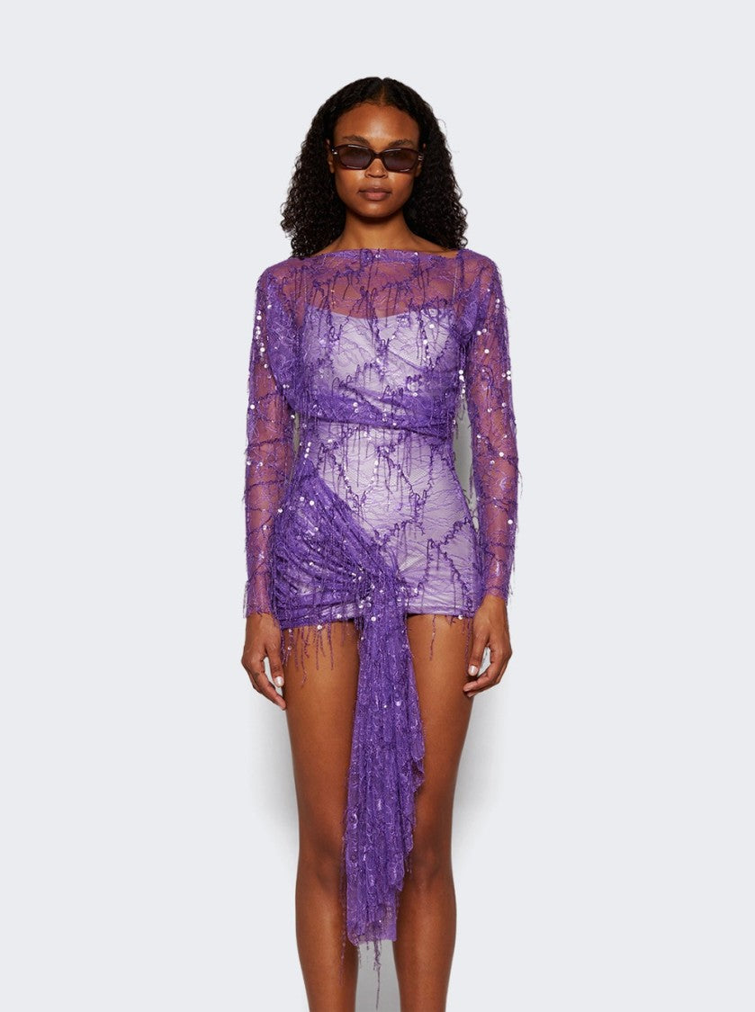 Christopher Esber Encased Beaded Ivy Lace Long Sleeve Mini Dress Grape