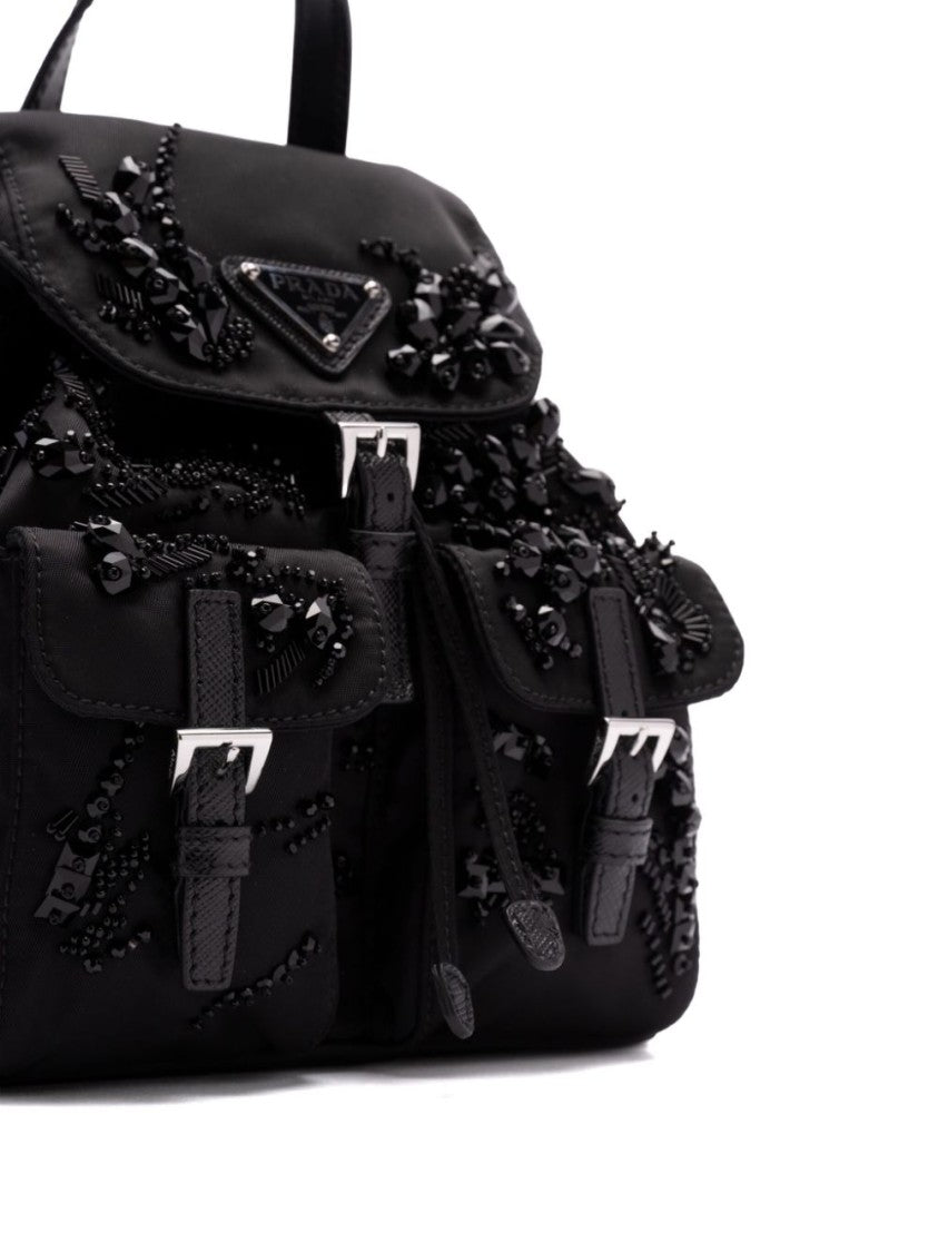 Prada Enamel Triangle-Logo Black Backpack With Front Buckle And Bead Embellishments