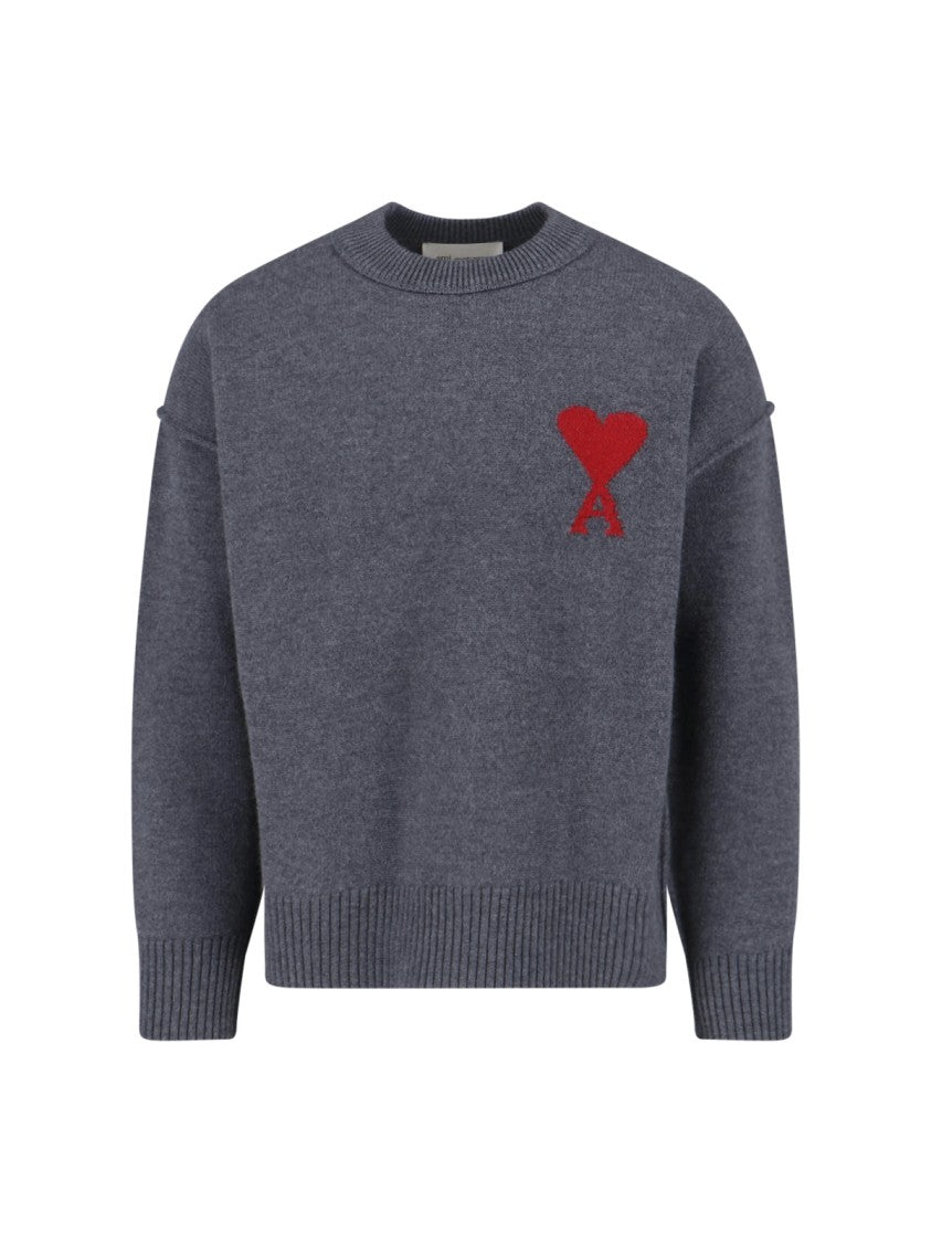 Ami Paris Relaxed Fit Grey Wool Sweater With Contrast Heart Logo