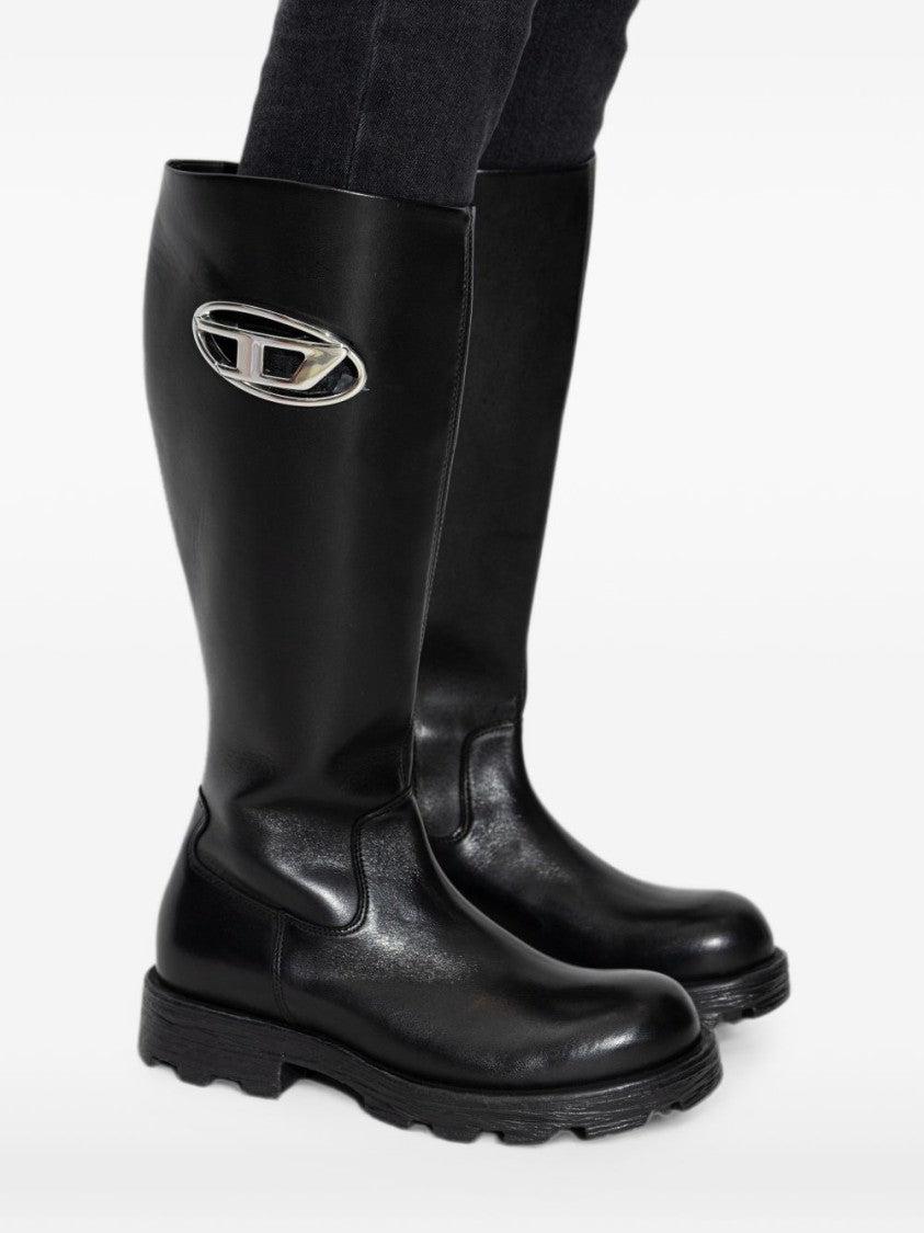 Diesel Knee-High Black Leather Boots With Metallic Accent