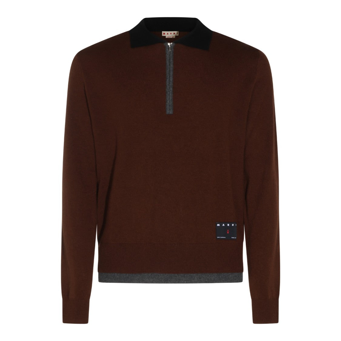 Marni Multi Brown Cashmere Polo Shirt With Half-Zip Closure