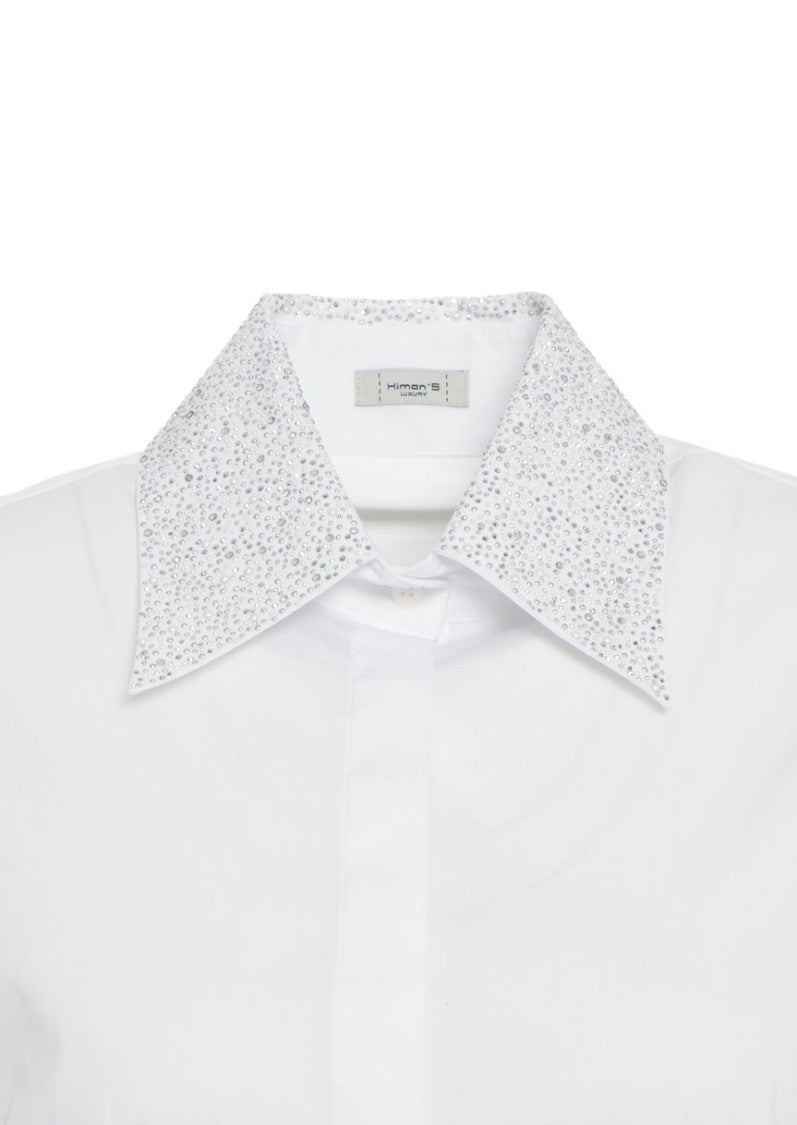 Himon's Fitted White Blouse With Rhinestone-Embellished Cuffs