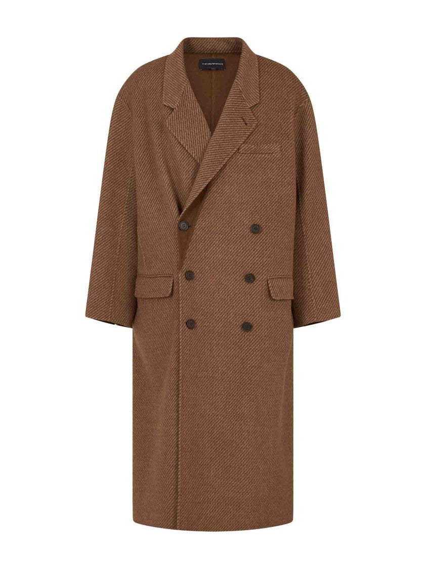 Emporio Armani Camel Double-Breasted Coat With Peak Lapels