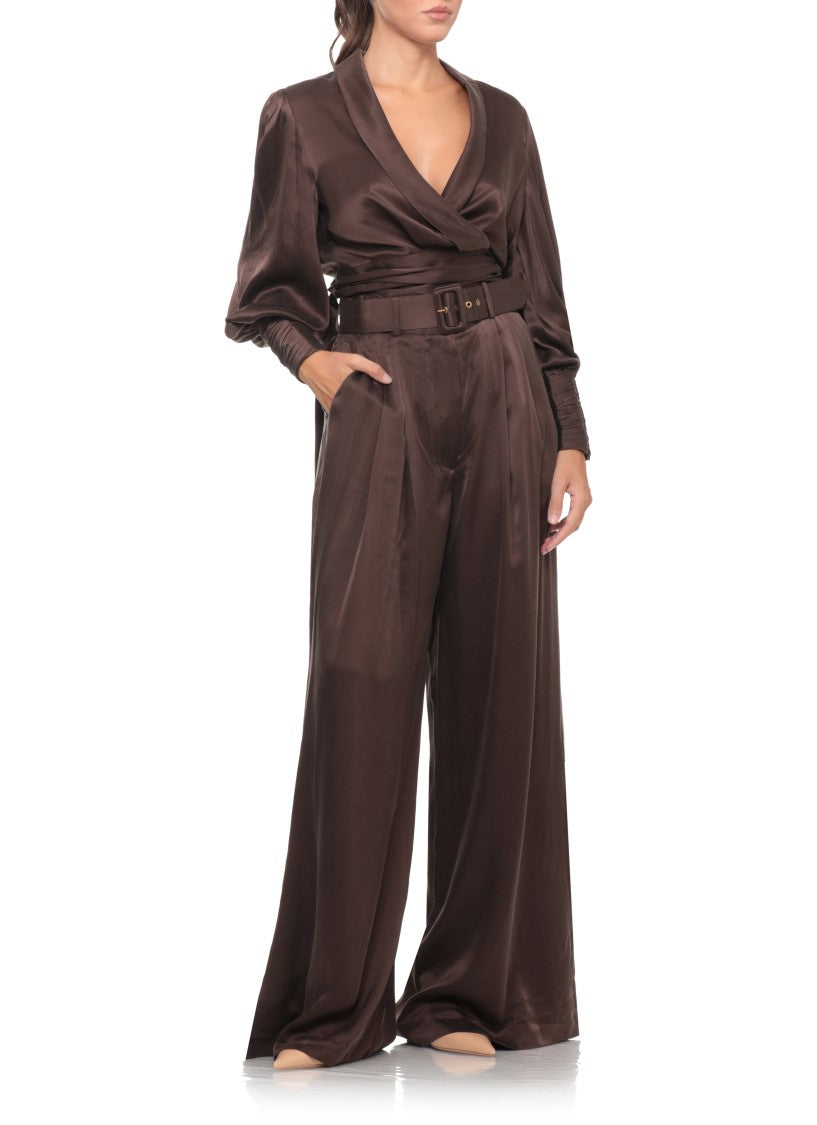 Zimmermann High-Waist Brown Silk Trousers With Pleated Front