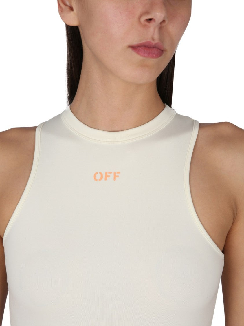Off-White Form-Fitting Mini Dress With High Neckline