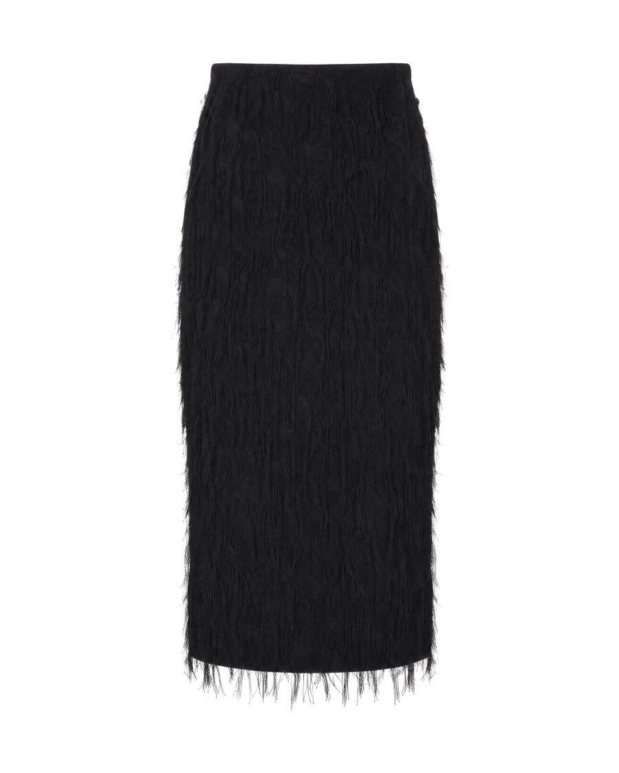 Patrizia Pepe Fringed Black Midi Skirt With Smooth Waistband