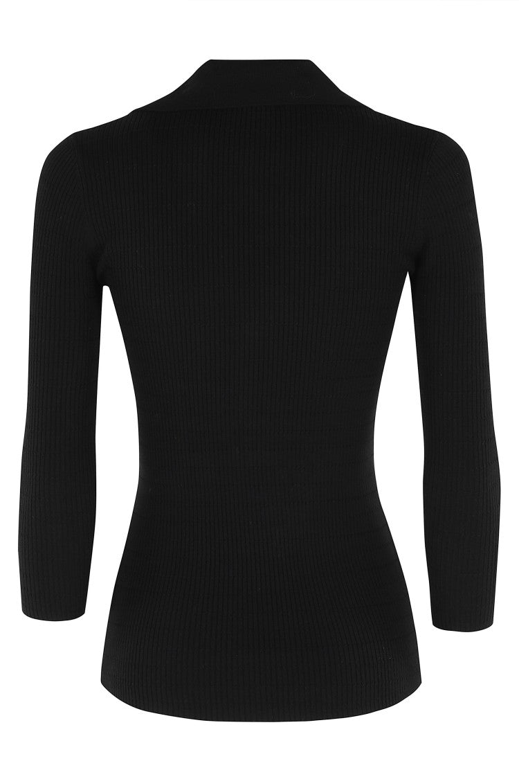 Elisabetta Franchi Black Tricot Polo V-Neck Lyocell-Blend Polo Shirt