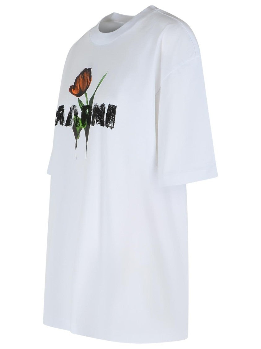 Marni White Cotton T-Shirt With Tulip Print