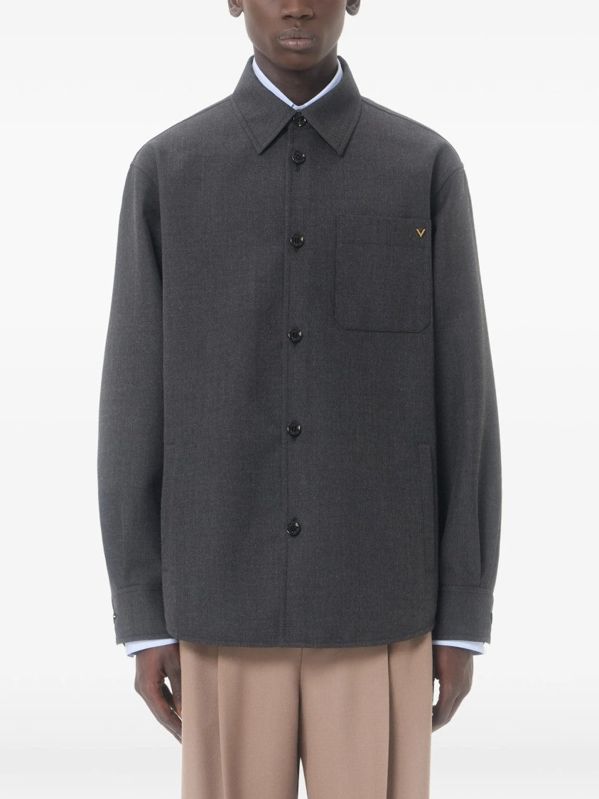 Valentino Boxy Grey Wool Jacket With Classic Collar And Metallic Detail