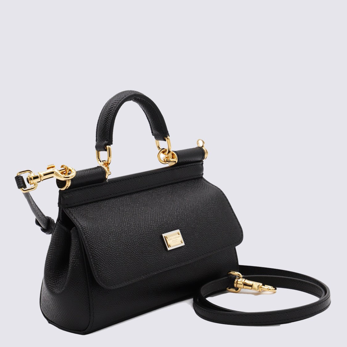 Dolce & Gabbana Textured Black Leather Handbag With Gold-Tone Plaque