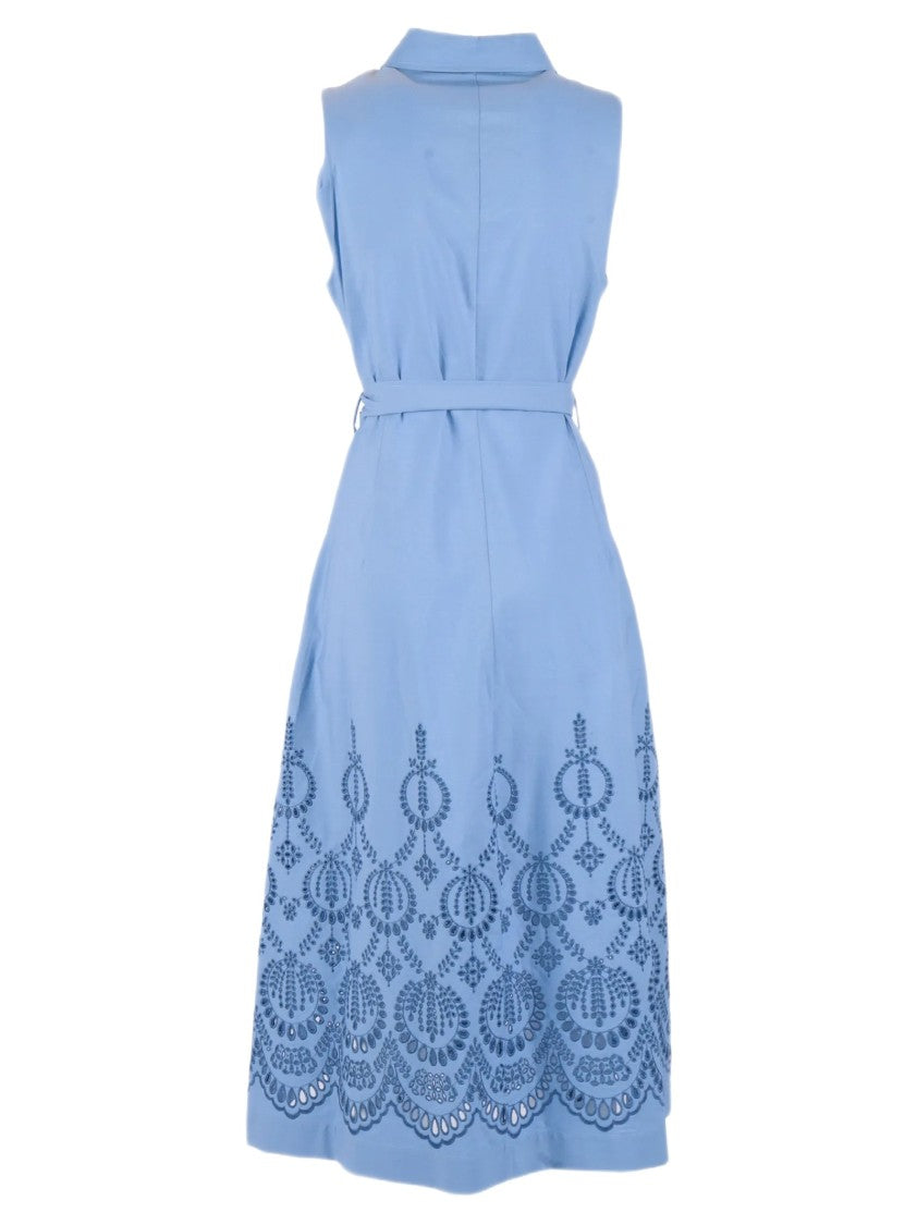 Parosh Sleeveless Light Blue Chemisier Dress With Intricate Embroidery