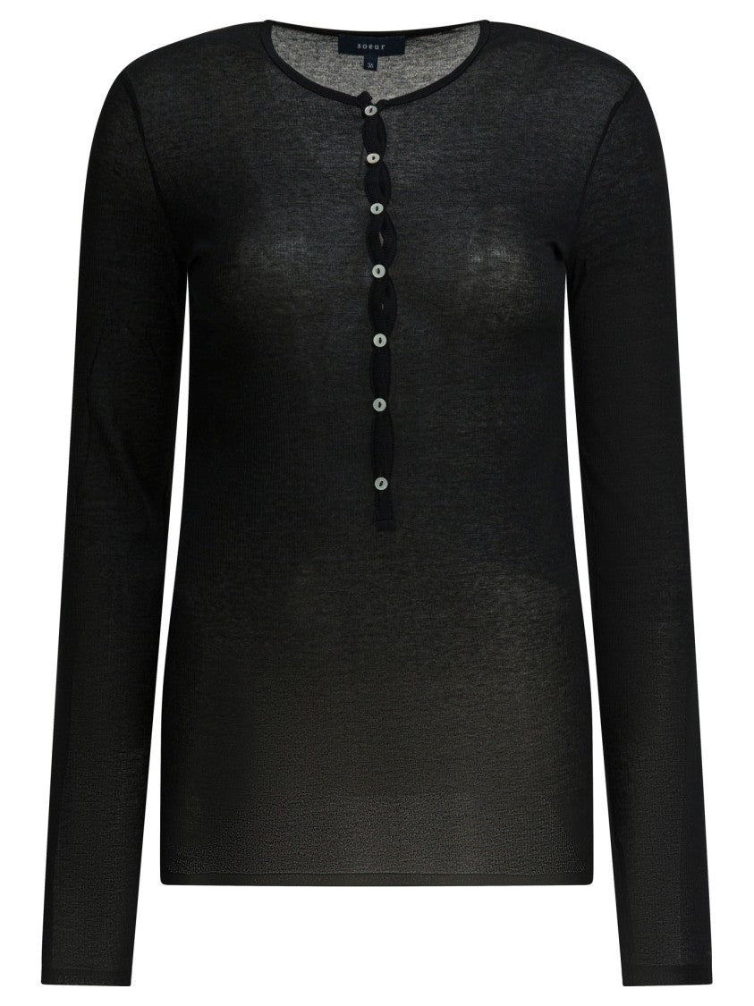 Soeur Long-Sleeved Semi-Sheer Top With Button Detailing