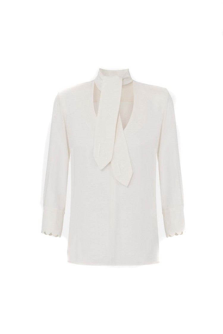 Elisabetta Franchi White Draped Tie-Neck Scalloped Cuff Viscose Blouse