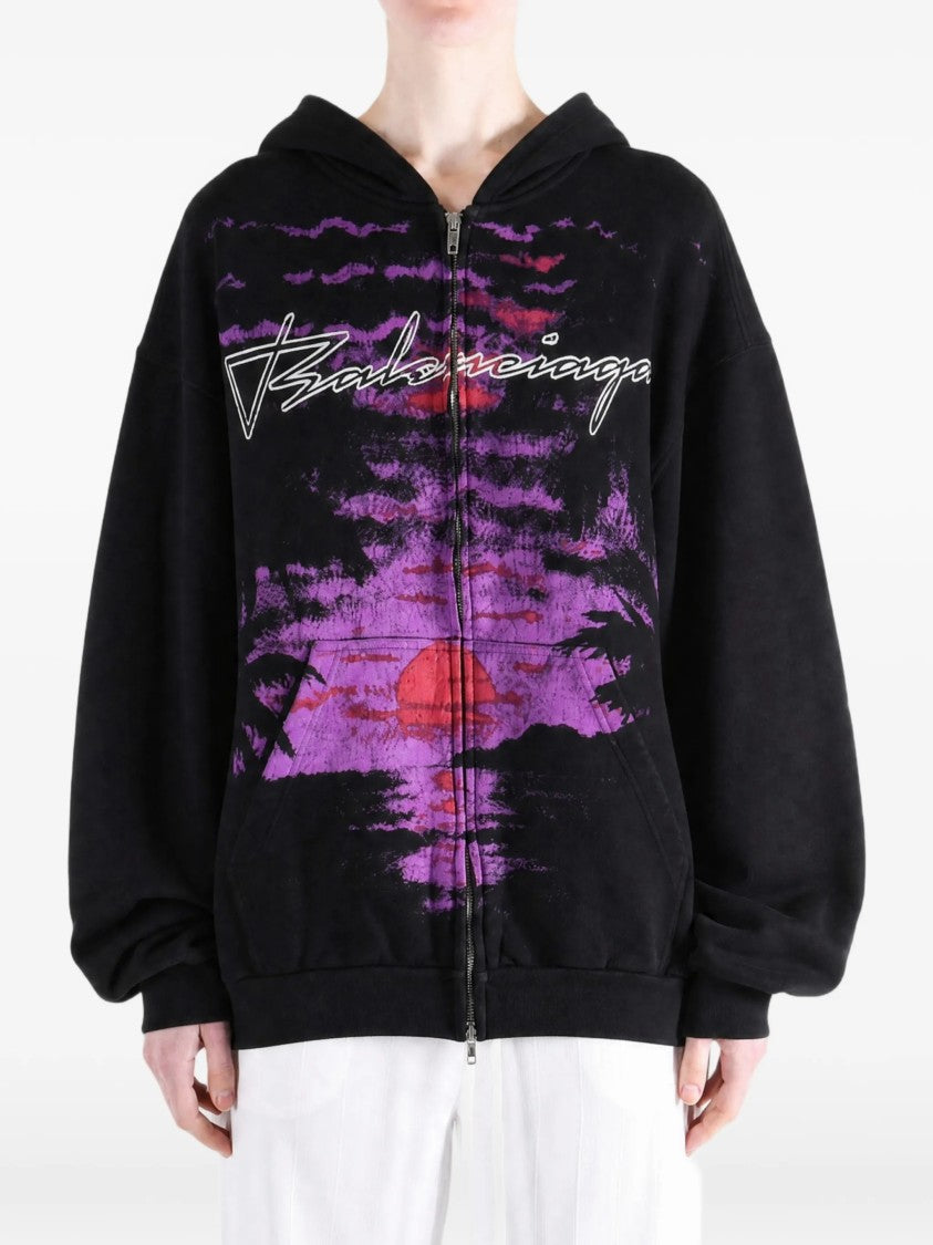 Balenciaga Graphic Print Zip-Up Hoodie With Relaxed Fit