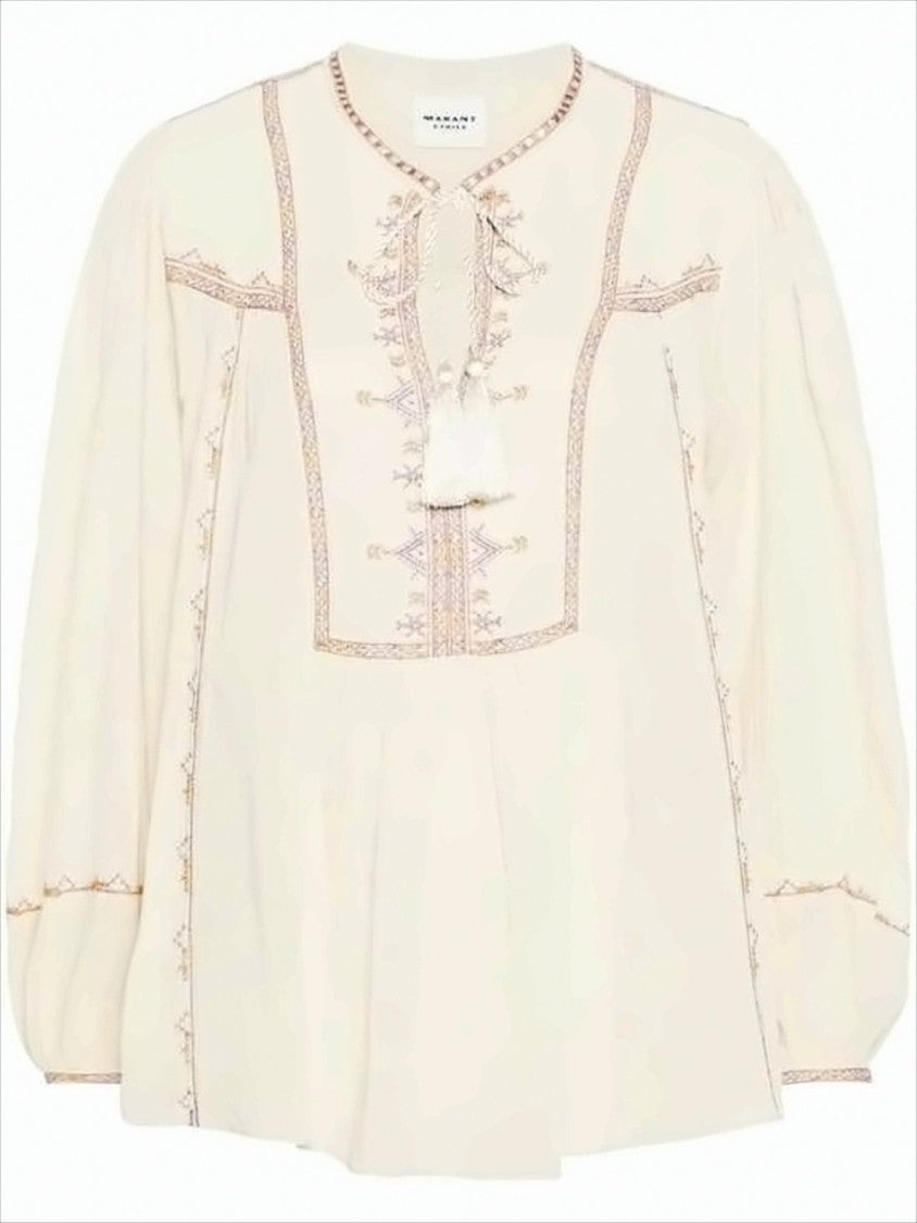 Isabel Marant Geometric Embroidered Cotton Blouse With Puffed Sleeves