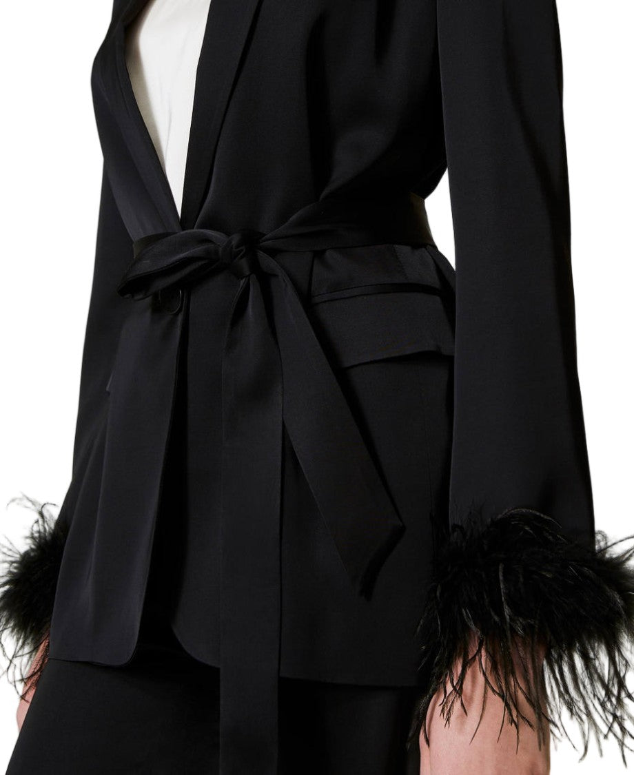 Twin-Set Black Viscose Satin Feather-Trimmed Cuffs Blazer