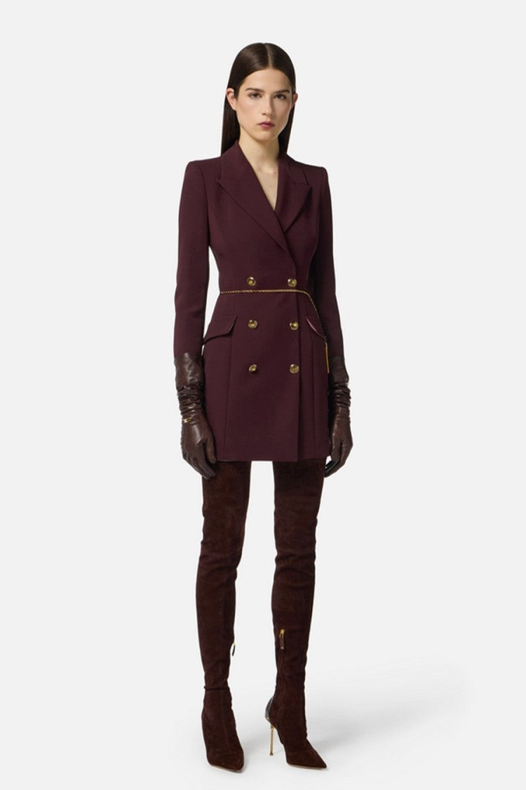 Elisabetta Franchi Merlot Double-Breasted Chain Accent Polyester-Blend Mini Dress