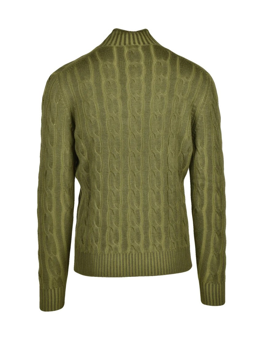 Kangra Cable Knit Sweater With Distinctive Volcano Collar In Green