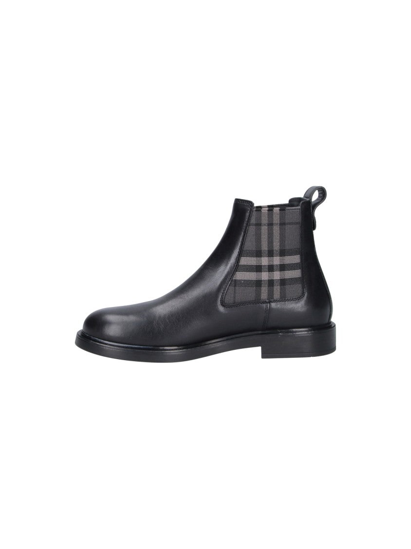 Burberry Black Calf Leather Check Inserts Rounded Toe Ankle Boots