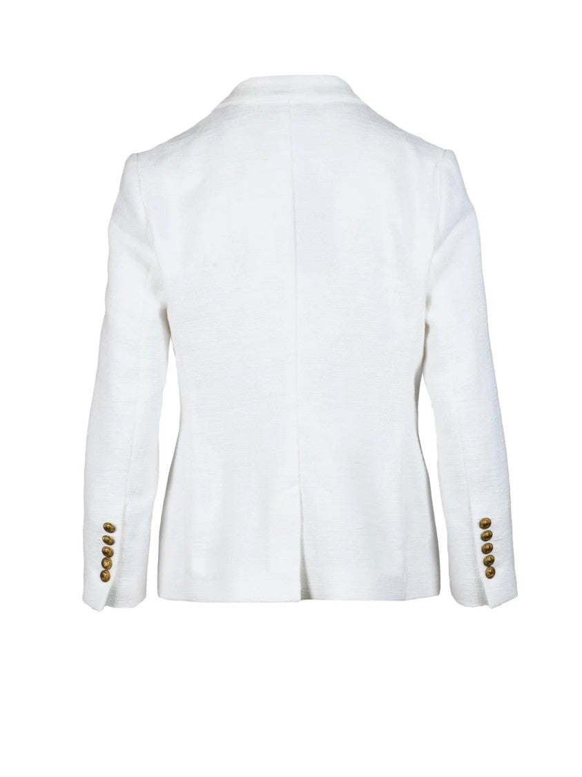 Saulina White Double-Breasted Gold Button Cotton Blazer